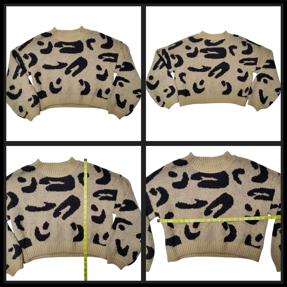 Hyfve Women’s Animal Print Sweater Brown/Black Crop Top Long Sleeve Size Small